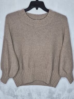 Van Kukil Tan 100% Cashmere Balloon Sleeve Crewneck Sweater - Size M